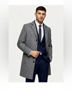 Topman Grey Textured Wool Overcoat Slim Fit Formal Dress Coat Men’s Medium